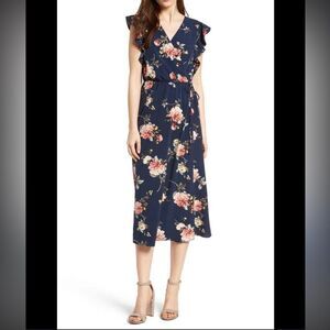 Soprano Size Small Navy Blue Floral Print Wrap Midi Dress